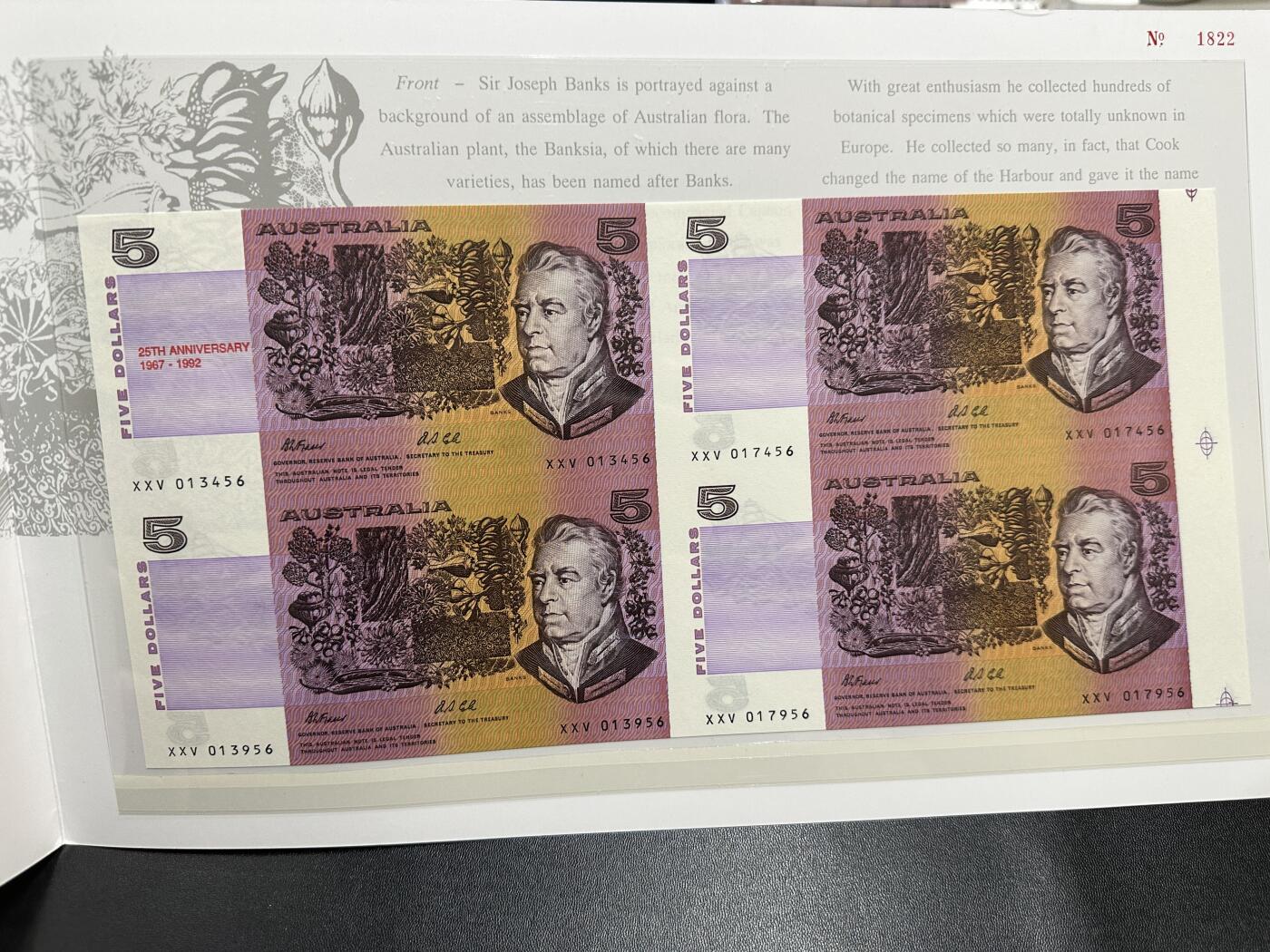 《外钞收藏家》第五百八十八期（优质场）（本平台长期征集拍品、欢迎藏友们联系合作） 1967-1992年澳大利亚纸币发行25周年 5元 加盖纪念钞 四连体 全新带册子