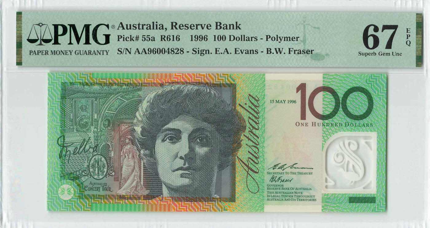 小福收藏拍卖第196期 评级币精选场 本期有68分倒置号布隆迪世界最大纸币 泰国69年10铢纪念钞0A冠百位倒置号  文莱06年500吉令特首年首冠 丹麦经典大松鼠 俄罗斯 玻利维亚 东加勒比 亚美尼亚等多国精美高分珍稀老钞精品纸币 澳大利亚 1996年 100元 塑料钞 罕见纪念钞版 正面加盖日期 首版首发年首发AA冠 尾8 PMG67 EPQ 亚军分