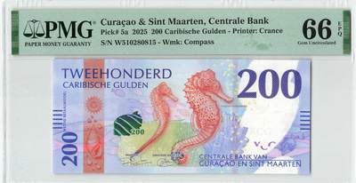 小福收藏拍卖第196期 评级币精选场 本期有68分倒置号布隆迪世界最大纸币 泰国69年10铢纪念钞0A冠百位倒置号  文莱06年500吉令特首年首冠 丹麦经典大松鼠 俄罗斯 玻利维亚 东加勒比 亚美尼亚等多国精美高分珍稀老钞精品纸币 - 库拉索和圣马丁 2025年 200盾 最高值少见 无47 精美 PMG66 EPQ
