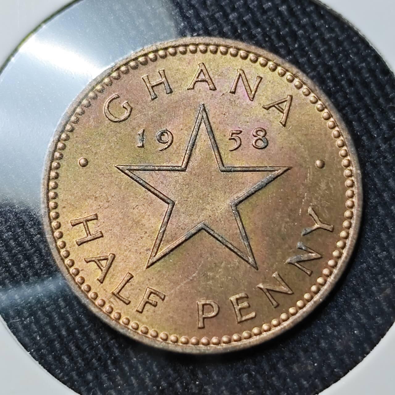 KK钱币收藏小铺 （套币 好品/批量散币 银币）专场  2月预留时间 周末发货  1958加纳1/2比塞瓦铜币 带彩漂亮