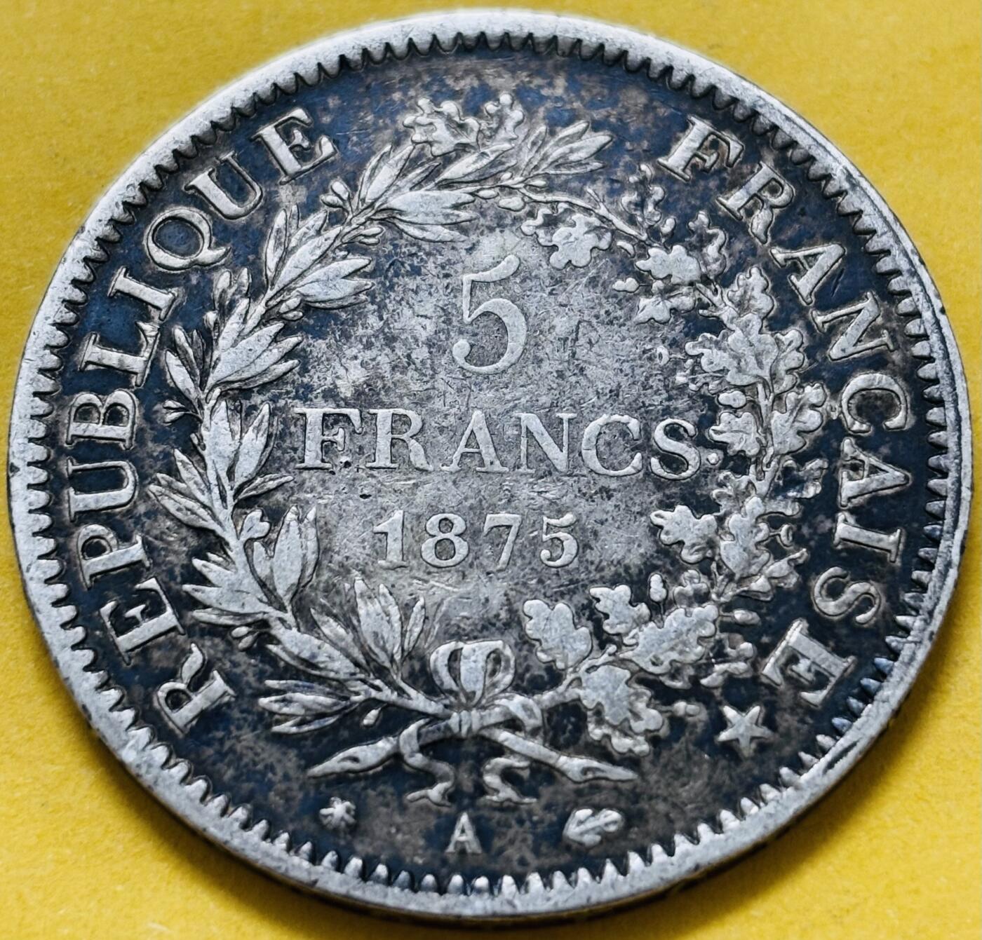文馨钱币收藏第 283 场，【大雪鉴珍，寒英缀金】金银纪念币精品场，诚邀您的参与【长期接代拍品】 法兰西第三共和国 1875 年大力神 5 法郎大银币，早期第六版本 A 厂 900 高银，双面墨黑底包浆入眼舒服，视觉感强