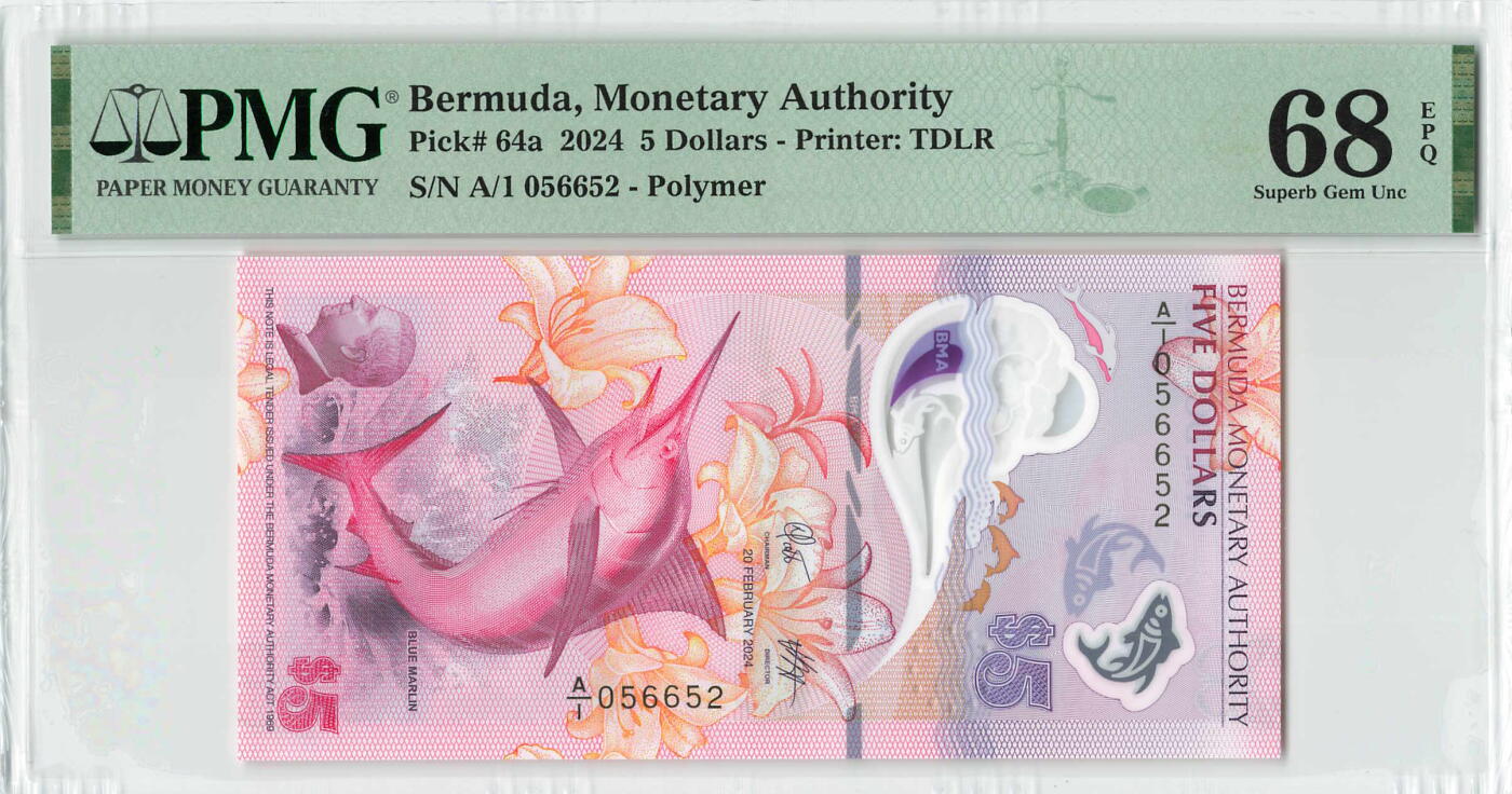 小福收藏拍卖第196期 评级币精选场 本期有68分倒置号布隆迪世界最大纸币 泰国69年10铢纪念钞0A冠百位倒置号  文莱06年500吉令特首年首冠 丹麦经典大松鼠 俄罗斯 玻利维亚 东加勒比 亚美尼亚等多国精美高分珍稀老钞精品纸币 百慕大 2024年 5元 塑料钞 A/1冠 无47  PMG68 EPQ 季军分