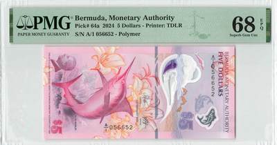 小福收藏拍卖第196期 评级币精选场 本期有68分倒置号布隆迪世界最大纸币 泰国69年10铢纪念钞0A冠百位倒置号  文莱06年500吉令特首年首冠 丹麦经典大松鼠 俄罗斯 玻利维亚 东加勒比 亚美尼亚等多国精美高分珍稀老钞精品纸币 - 百慕大 2024年 5元 塑料钞 A/1冠 无47  PMG68 EPQ 季军分