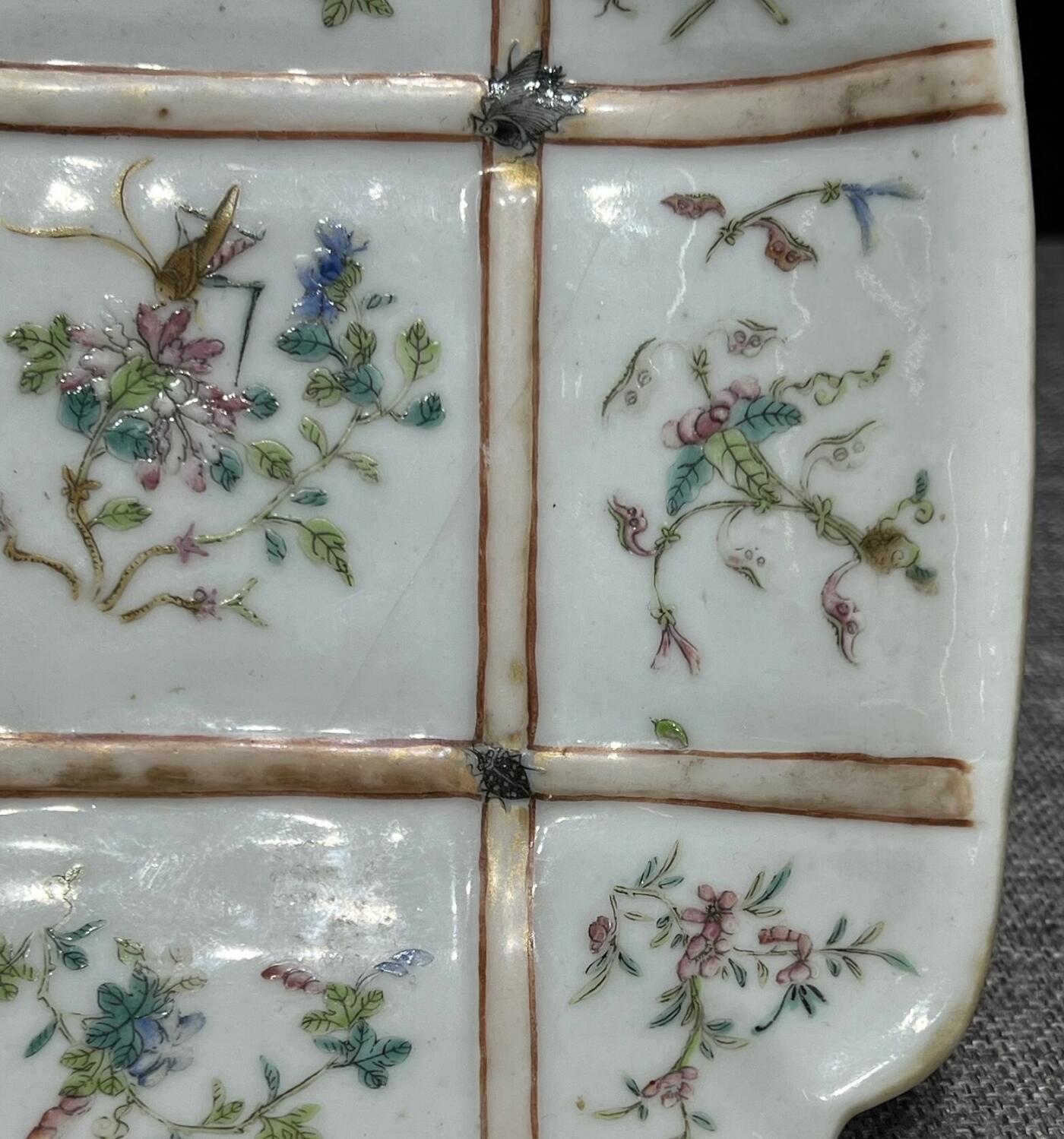 清同治 草虫飞黄腾达高足倭角盘 终身包老 同治本朝