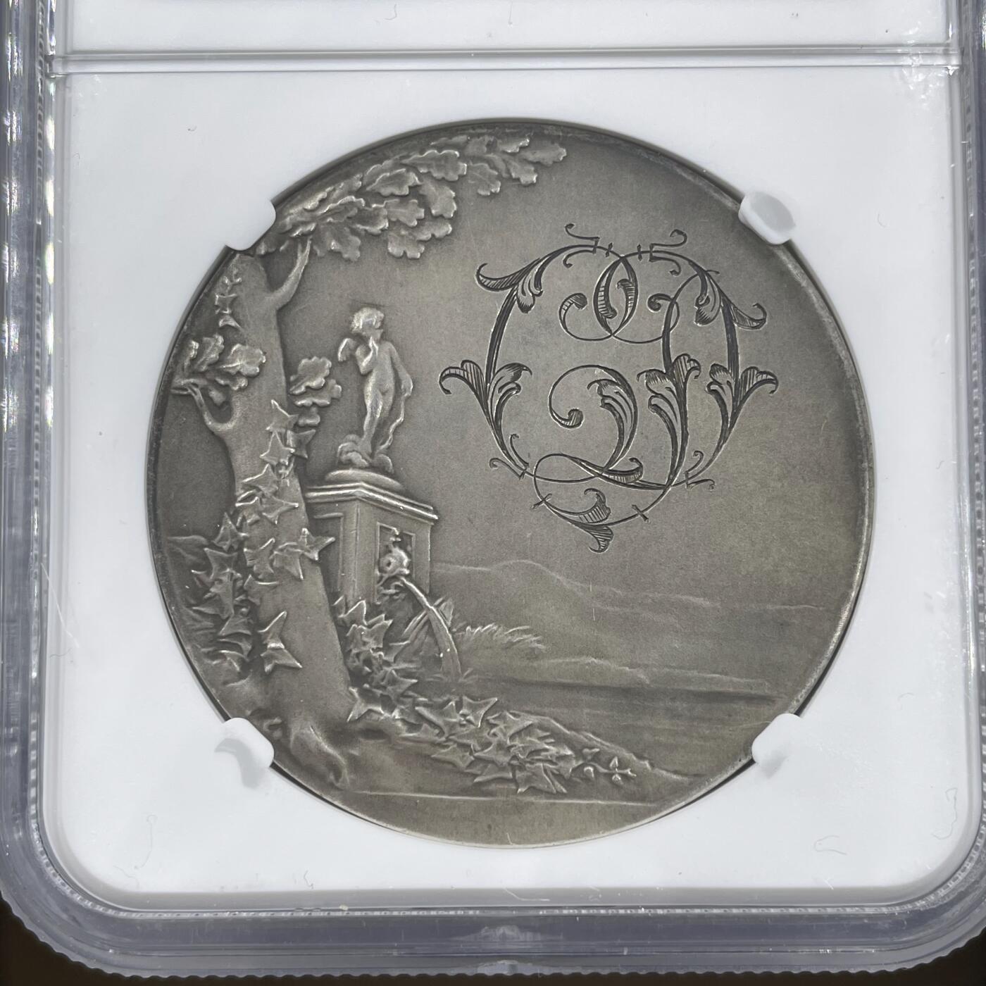 「木头集藏」章牌精品专场！ O.Roty～1898年法国“SEMPER”永恒的爱 婚礼纪念银章，MS 62，直径：41 mm，少见双面刻字，名家经典，品相不错。