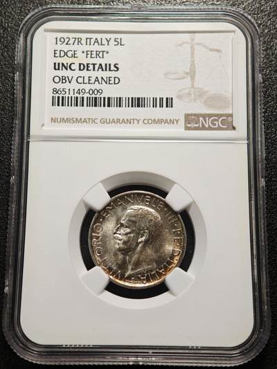 【德藏】世界币章拍卖第155期（拍品征集中~欢迎藏友联系） - 1927年 意大利5里拉银币 NGC UNC 状态安逸