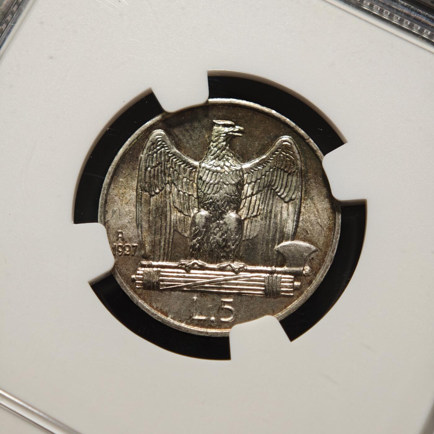 【德藏】世界币章拍卖第155期（拍品征集中~欢迎藏友联系） 1927年 意大利5里拉银币 NGC UNC 状态安逸