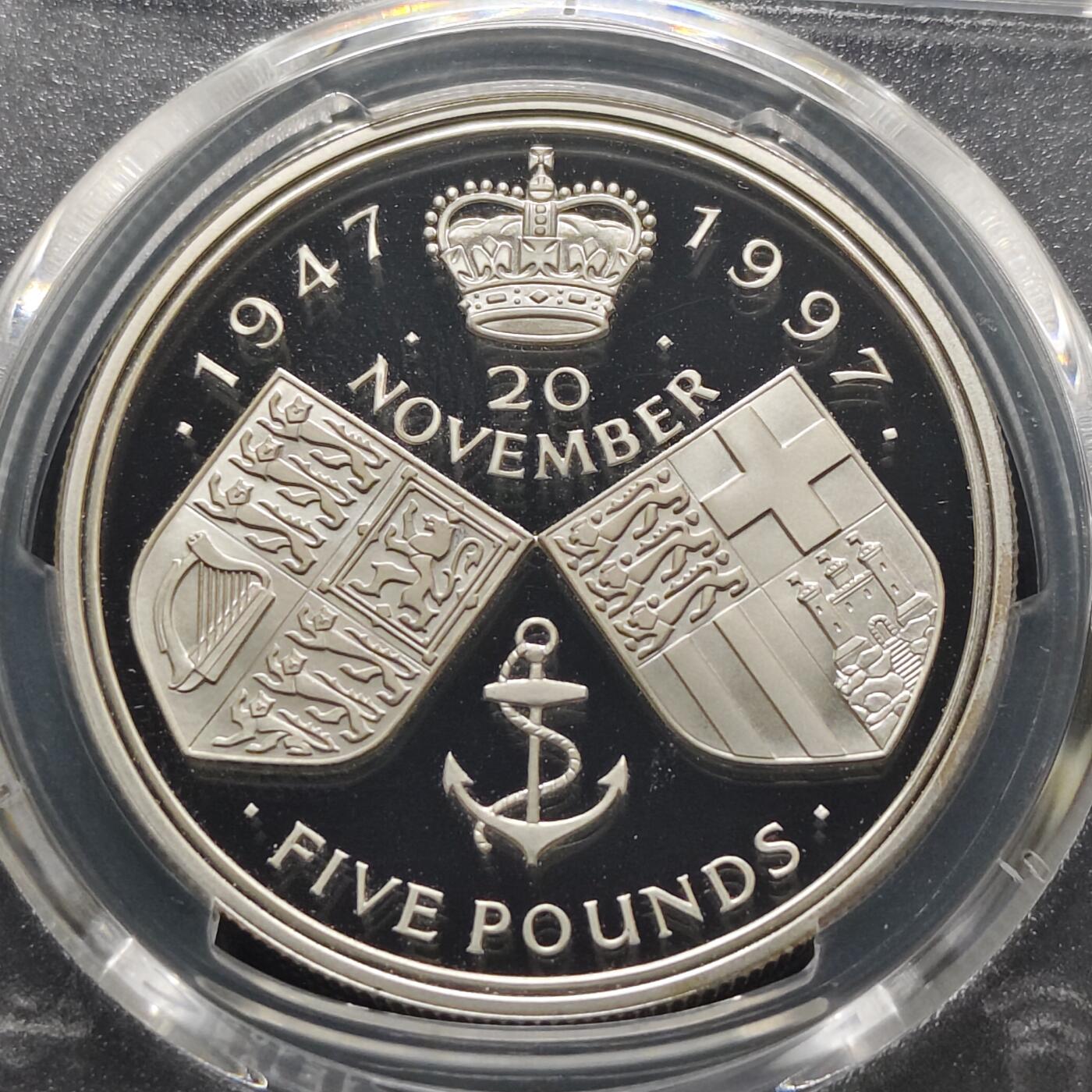【全场包邮】纯粹捡漏拍481场（免费代拍第18场） 英国1997年5镑女王金婚精制克朗型纪念银币-PCGS PR68 DCAM