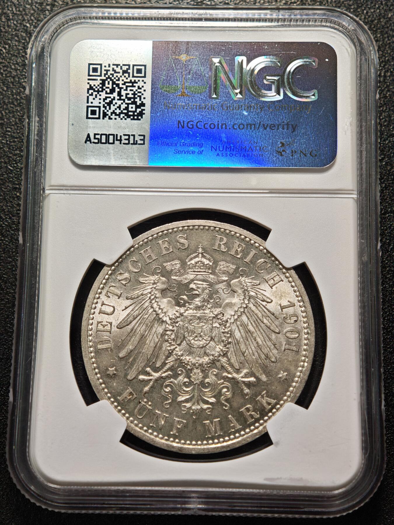 【德藏】世界币章拍卖第155期（拍品征集中~欢迎藏友联系） 1901年 德国普鲁士建国200周年5马克银币 NGC MS63 状态极佳 淡包浆 转光十足