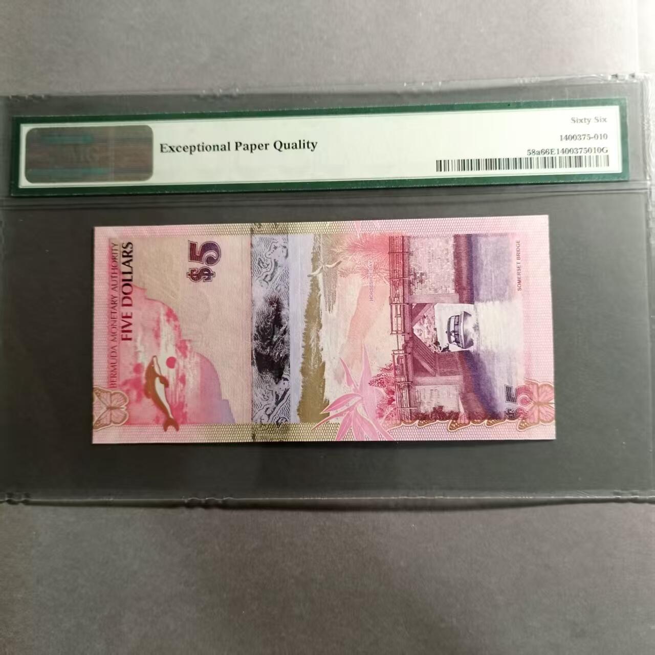 长老汇蛇年精选第七十九场拍卖 2009百慕大5元纸币 首发洋葱冠 粉色色枪鱼图案设计精美 PMG 66 ，老壳严评