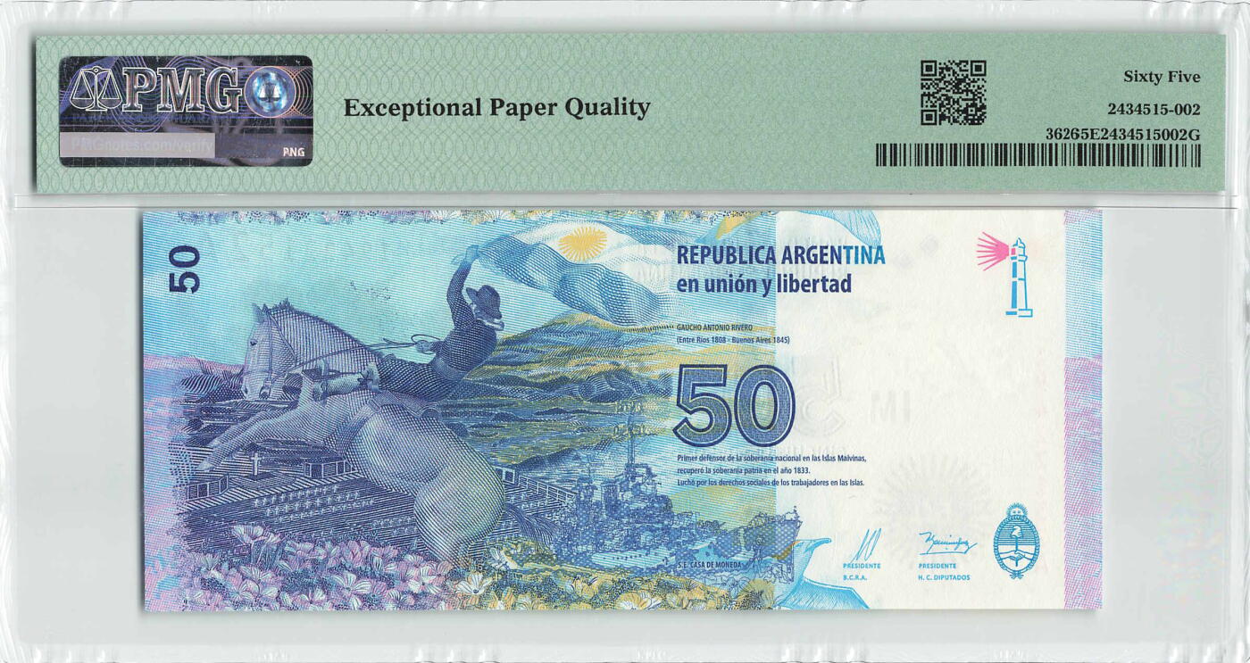 小福收藏拍卖第196期 评级币精选场 本期有68分倒置号布隆迪世界最大纸币 泰国69年10铢纪念钞0A冠百位倒置号  文莱06年500吉令特首年首冠 丹麦经典大松鼠 俄罗斯 玻利维亚 东加勒比 亚美尼亚等多国精美高分珍稀老钞精品纸币 阿根廷 2015年 50比索 纪念钞 号码错误 有PMG标注认证 A冠 PMG65 EPQ 季军分