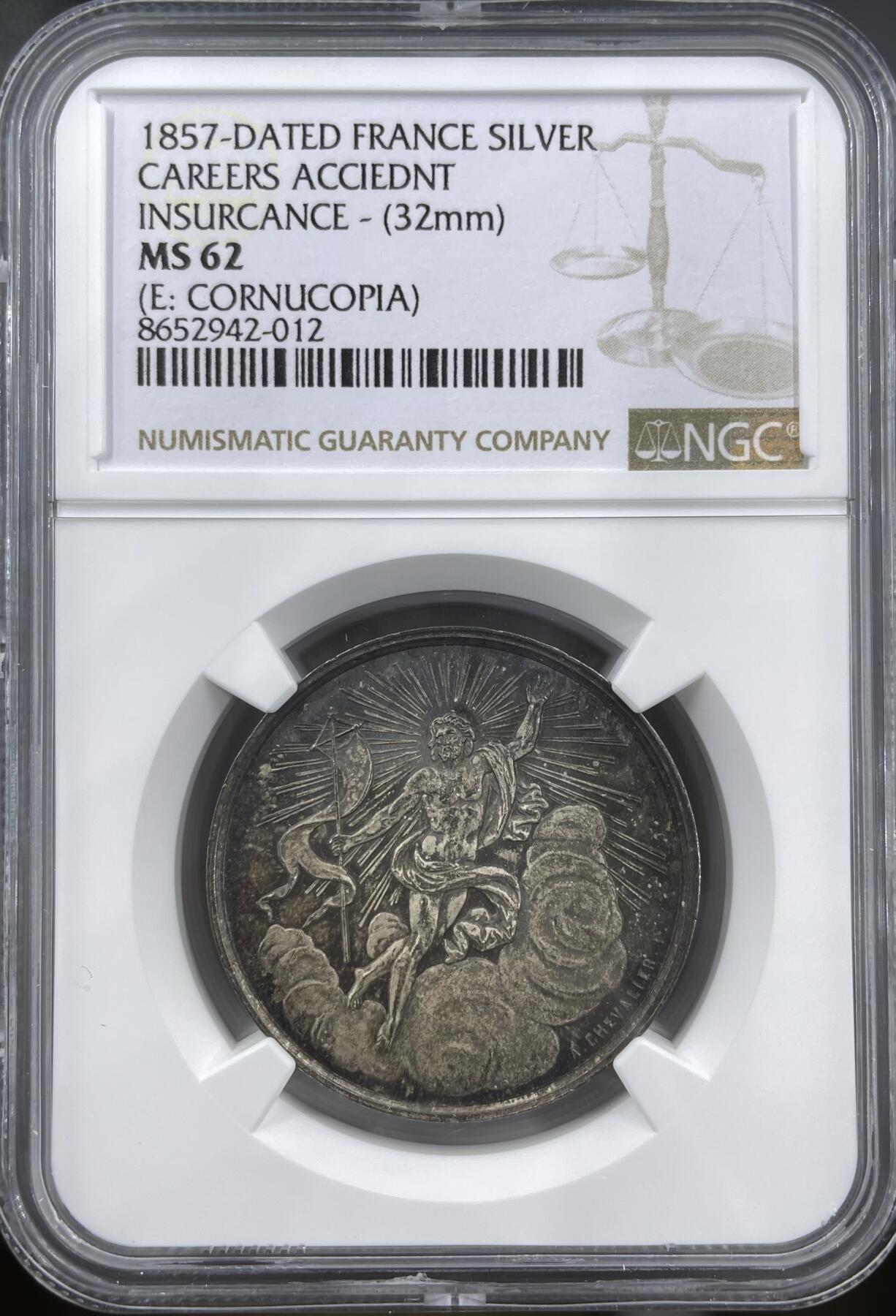 「木头集藏」章牌精品专场！ 1857年法国职业意外保险银章，MS 62 ，直径：32 mm，少见银章。
