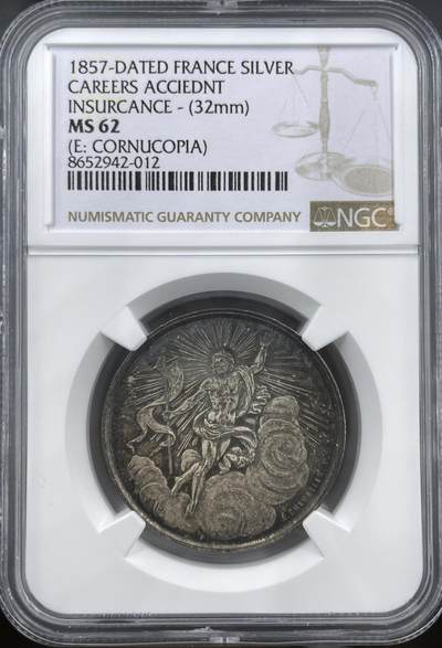「木头集藏」章牌精品专场！ - 1857年法国职业意外保险银章，MS 62 ，直径：32 mm，少见银章。