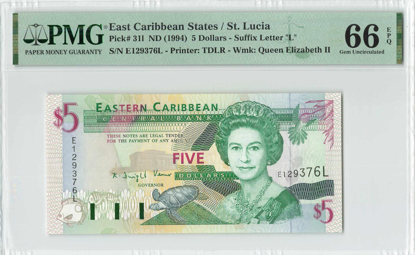 小福收藏拍卖第196期 评级币精选场 本期有68分倒置号布隆迪世界最大纸币 泰国69年10铢纪念钞0A冠百位倒置号  文莱06年500吉令特首年首冠 丹麦经典大松鼠 俄罗斯 玻利维亚 东加勒比 亚美尼亚等多国精美高分珍稀老钞精品纸币 东加勒比（L) 圣卢西亚 1994年 5元 国别很少见 PMG66 EPQ 亚军分