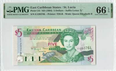 小福收藏拍卖第196期 评级币精选场 本期有68分倒置号布隆迪世界最大纸币 泰国69年10铢纪念钞0A冠百位倒置号  文莱06年500吉令特首年首冠 丹麦经典大松鼠 俄罗斯 玻利维亚 东加勒比 亚美尼亚等多国精美高分珍稀老钞精品纸币 - 东加勒比（L) 圣卢西亚 1994年 5元 国别很少见 PMG66 EPQ 亚军分
