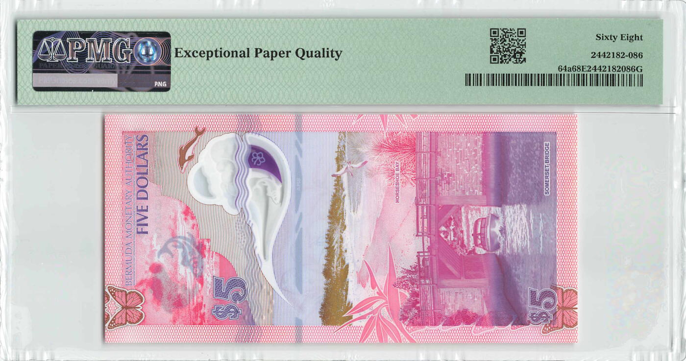 小福收藏拍卖第196期 评级币精选场 本期有68分倒置号布隆迪世界最大纸币 泰国69年10铢纪念钞0A冠百位倒置号  文莱06年500吉令特首年首冠 丹麦经典大松鼠 俄罗斯 玻利维亚 东加勒比 亚美尼亚等多国精美高分珍稀老钞精品纸币 百慕大 2024年 5元 塑料钞 A/1冠 无47  PMG68 EPQ 季军分