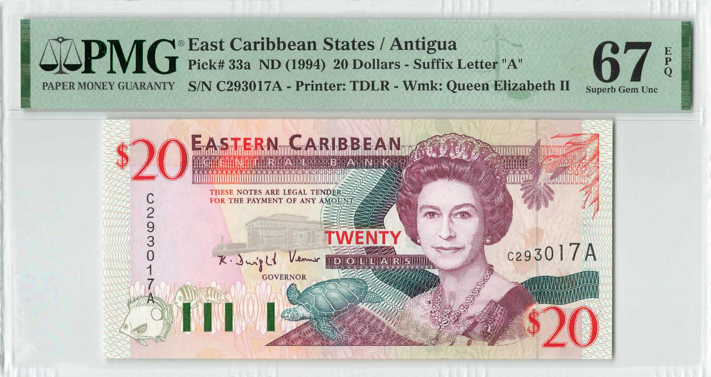 小福收藏拍卖第196期 评级币精选场 本期有68分倒置号布隆迪世界最大纸币 泰国69年10铢纪念钞0A冠百位倒置号  文莱06年500吉令特首年首冠 丹麦经典大松鼠 俄罗斯 玻利维亚 东加勒比 亚美尼亚等多国精美高分珍稀老钞精品纸币 东加勒比（A）安提瓜 1994年 20元 PMG67 EPQ 亚军分 (冠军分仅2枚）