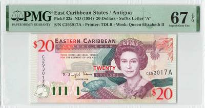 小福收藏拍卖第196期 评级币精选场 本期有68分倒置号布隆迪世界最大纸币 泰国69年10铢纪念钞0A冠百位倒置号  文莱06年500吉令特首年首冠 丹麦经典大松鼠 俄罗斯 玻利维亚 东加勒比 亚美尼亚等多国精美高分珍稀老钞精品纸币 - 东加勒比（A）安提瓜 1994年 20元 PMG67 EPQ 亚军分 (冠军分仅2枚）