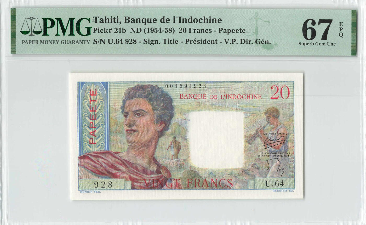 小福收藏拍卖第196期 评级币精选场 本期有68分倒置号布隆迪世界最大纸币 泰国69年10铢纪念钞0A冠百位倒置号  文莱06年500吉令特首年首冠 丹麦经典大松鼠 俄罗斯 玻利维亚 东加勒比 亚美尼亚等多国精美高分珍稀老钞精品纸币 大溪地 塔希提 1954-58年 20法郎 928号 高分少见 PMG67 EPQ 亚军分（冠军分仅1枚）