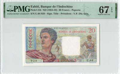 小福收藏拍卖第196期 评级币精选场 本期有68分倒置号布隆迪世界最大纸币 泰国69年10铢纪念钞0A冠百位倒置号  文莱06年500吉令特首年首冠 丹麦经典大松鼠 俄罗斯 玻利维亚 东加勒比 亚美尼亚等多国精美高分珍稀老钞精品纸币 - 大溪地 塔希提 1954-58年 20法郎 928号 高分少见 PMG67 EPQ 亚军分（冠军分仅1枚）