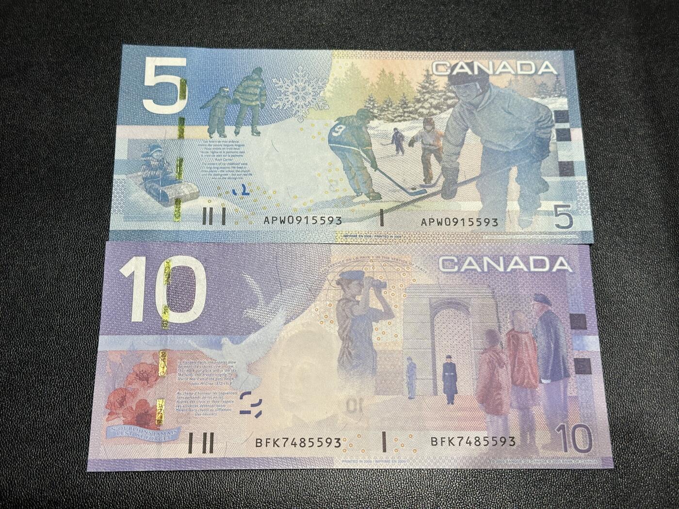 《外钞收藏家》第五百八十八期（优质场）（本平台长期征集拍品、欢迎藏友们联系合作） 加拿大之旅系列5/10元一对（尾号5593，后四位相同）	绝品