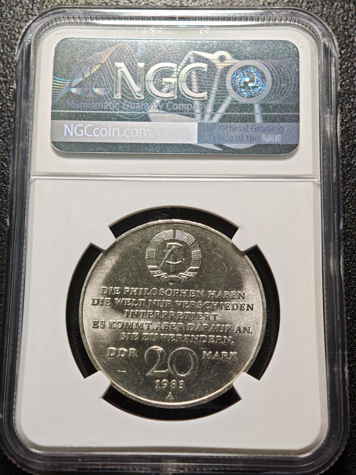 【德藏】世界币章拍卖第155期（拍品征集中~欢迎藏友联系） 1983年 德国卡尔·马克思逝世百年20马克纪念镍币 NGC MS65 原光十足