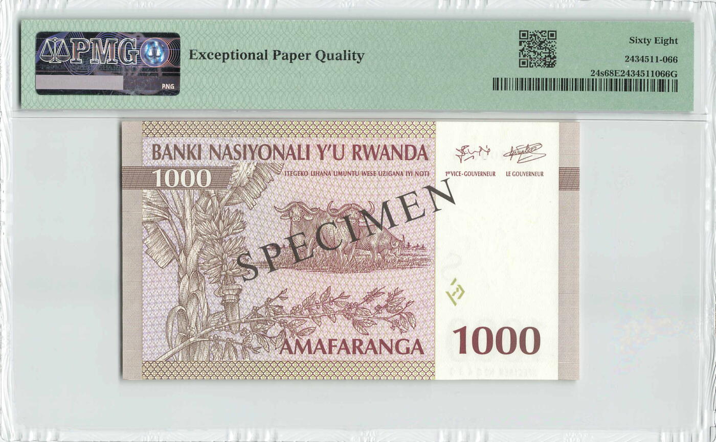 小福收藏拍卖第196期 评级币精选场 本期有68分倒置号布隆迪世界最大纸币 泰国69年10铢纪念钞0A冠百位倒置号  文莱06年500吉令特首年首冠 丹麦经典大松鼠 俄罗斯 玻利维亚 东加勒比 亚美尼亚等多国精美高分珍稀老钞精品纸币 卢旺达 1994年 1000法郎 样钞 卢旺达大屠杀年份 AA冠  PMG68 EPQ 亚军分