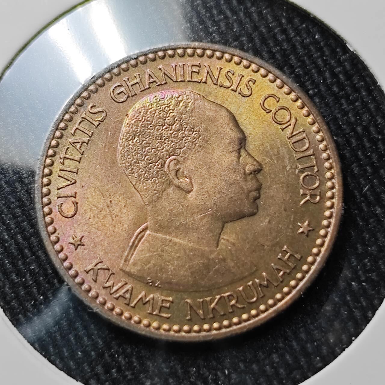 KK钱币收藏小铺 （套币 好品/批量散币 银币）专场  2月预留时间 周末发货  1958加纳1/2比塞瓦铜币 带彩漂亮