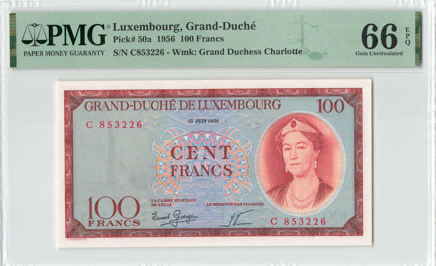 小福收藏拍卖第196期 评级币精选场 本期有68分倒置号布隆迪世界最大纸币 泰国69年10铢纪念钞0A冠百位倒置号  文莱06年500吉令特首年首冠 丹麦经典大松鼠 俄罗斯 玻利维亚 东加勒比 亚美尼亚等多国精美高分珍稀老钞精品纸币 卢森堡 1956年 100法郎 夏洛特公爵夫人 无47 PMG66 EPQ 季军分