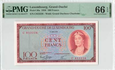 小福收藏拍卖第196期 评级币精选场 本期有68分倒置号布隆迪世界最大纸币 泰国69年10铢纪念钞0A冠百位倒置号  文莱06年500吉令特首年首冠 丹麦经典大松鼠 俄罗斯 玻利维亚 东加勒比 亚美尼亚等多国精美高分珍稀老钞精品纸币 - 卢森堡 1956年 100法郎 夏洛特公爵夫人 无47 PMG66 EPQ 季军分
