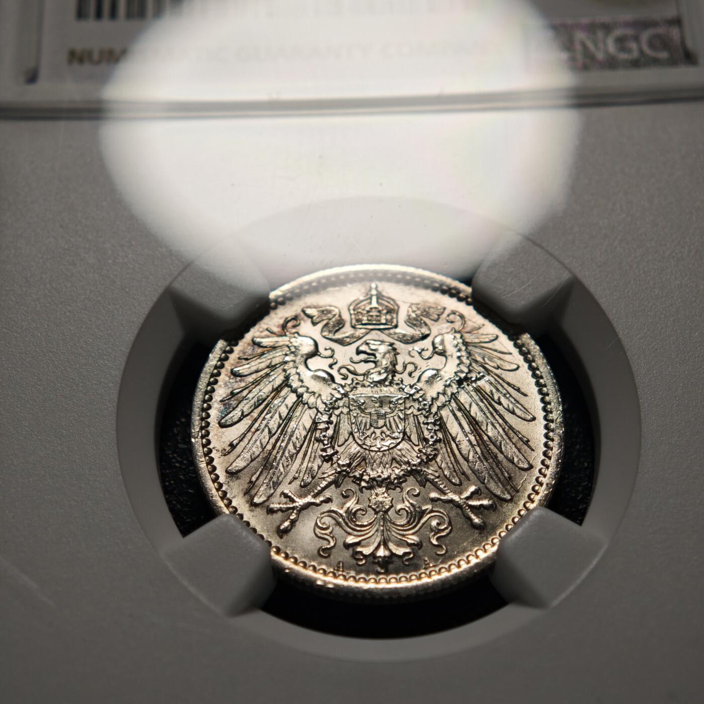 【德藏】世界币章拍卖第155期（拍品征集中~欢迎藏友联系） 1914年 德国1马克银币 NGC MS67 原光犀利 转光极强 淡彩包浆
