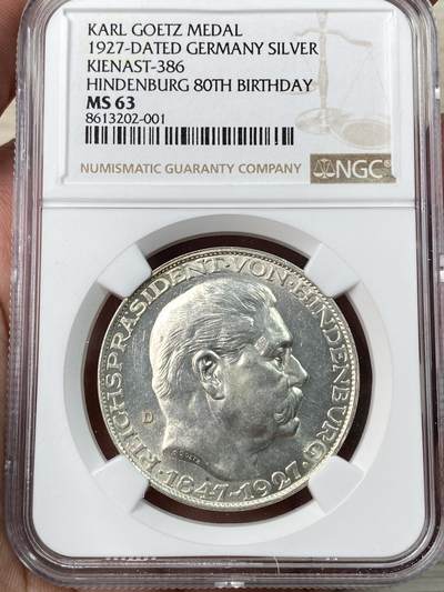 万国钱币拍卖第056期 - NGC MS63 1927年德国魏玛共和国兴登堡总统80大寿5马克币章 卡尔哥茨作品 原味银霜感强