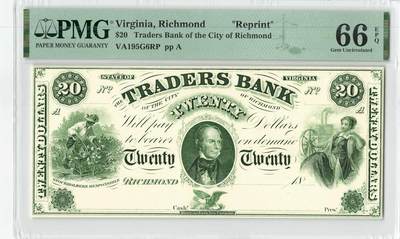 小福收藏拍卖第196期 评级币精选场 本期有68分倒置号布隆迪世界最大纸币 泰国69年10铢纪念钞0A冠百位倒置号  文莱06年500吉令特首年首冠 丹麦经典大松鼠 俄罗斯 玻利维亚 东加勒比 亚美尼亚等多国精美高分珍稀老钞精品纸币 - 美国弗吉尼亚 里士满贸易银行 20美元 绿色油墨厚纸版 A序列 重印 PMG66 EPQ