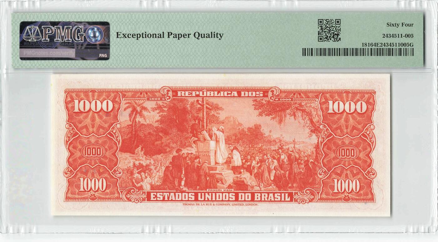 小福收藏拍卖第196期 评级币精选场 本期有68分倒置号布隆迪世界最大纸币 泰国69年10铢纪念钞0A冠百位倒置号  文莱06年500吉令特首年首冠 丹麦经典大松鼠 俄罗斯 玻利维亚 东加勒比 亚美尼亚等多国精美高分珍稀老钞精品纸币 巴西 1963年 1000克鲁塞罗 PMG64 EPQ