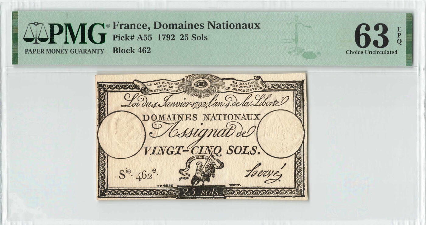 小福收藏拍卖第196期 评级币精选场 本期有68分倒置号布隆迪世界最大纸币 泰国69年10铢纪念钞0A冠百位倒置号  文莱06年500吉令特首年首冠 丹麦经典大松鼠 俄罗斯 玻利维亚 东加勒比 亚美尼亚等多国精美高分珍稀老钞精品纸币 法国 1792年 25苏 233年老钞 PMG63 EPQ