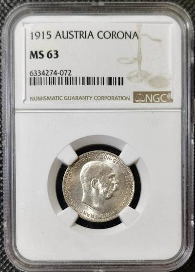 甄臻铺-世界币章拍卖（第40期）送拍享返佣金等优惠多多 - NGC-MS63 奥匈帝国1915年1克朗银币