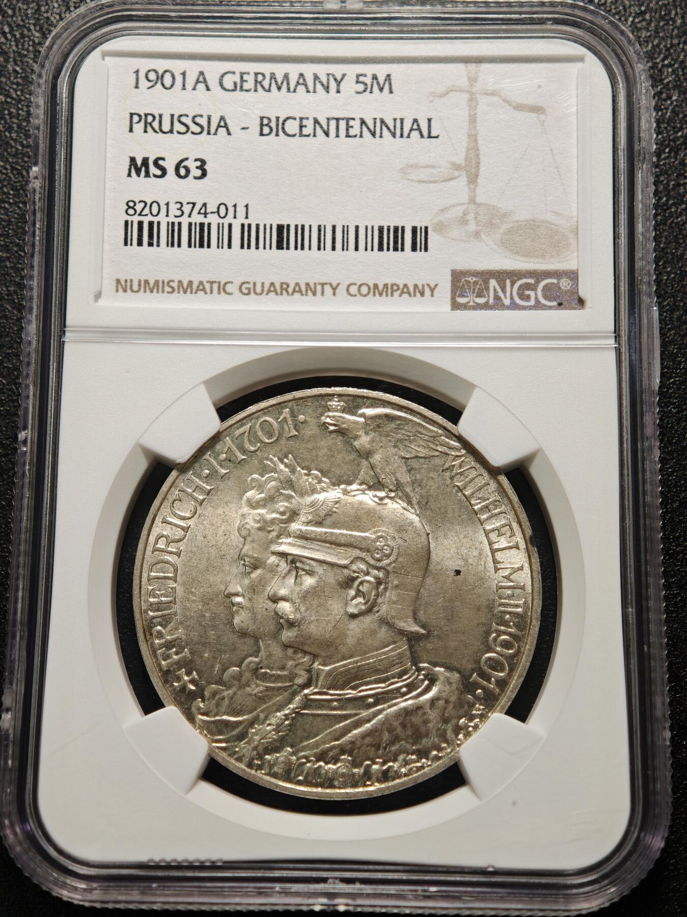 【德藏】世界币章拍卖第155期（拍品征集中~欢迎藏友联系） 1901年 德国普鲁士建国200周年5马克银币 NGC MS63 状态极佳 淡包浆 转光十足