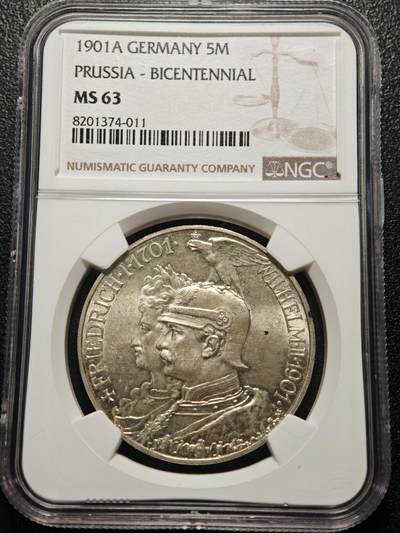 【德藏】世界币章拍卖第155期（拍品征集中~欢迎藏友联系） - 1901年 德国普鲁士建国200周年5马克银币 NGC MS63 状态极佳 淡包浆 转光十足
