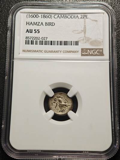 【德藏】世界币章拍卖第155期（拍品征集中~欢迎藏友联系） - 1600-1860年 柬埔寨小鸟打制银币 NGC AU55 图案立体感十足