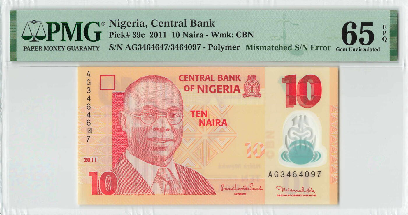 小福收藏拍卖第196期 评级币精选场 本期有68分倒置号布隆迪世界最大纸币 泰国69年10铢纪念钞0A冠百位倒置号  文莱06年500吉令特首年首冠 丹麦经典大松鼠 俄罗斯 玻利维亚 东加勒比 亚美尼亚等多国精美高分珍稀老钞精品纸币 尼日利亚 2011年 10奈拉 塑料钞 号码印刷错误 有PMG标注认证 PMG65 EPQ 季军分