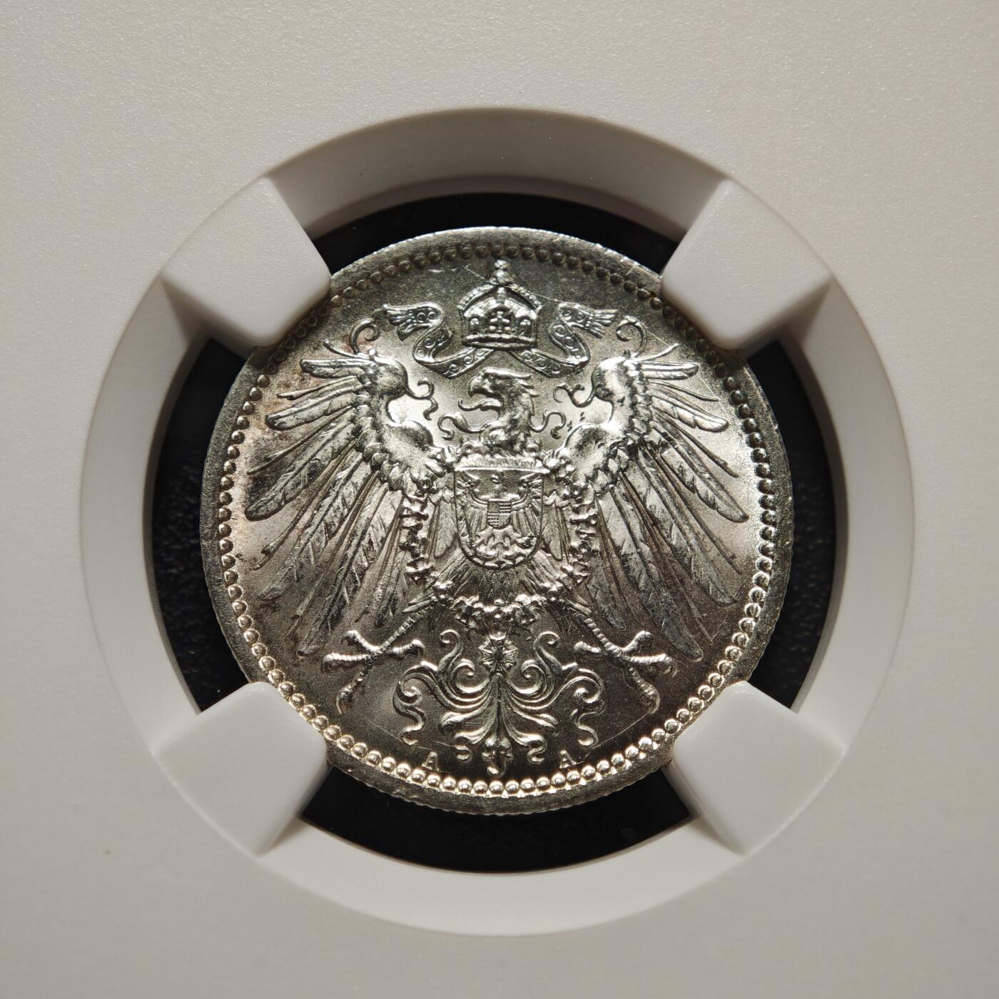 【德藏】世界币章拍卖第155期（拍品征集中~欢迎藏友联系） 1914年 德国1马克银币 NGC MS67 原光犀利 转光极强 淡彩包浆