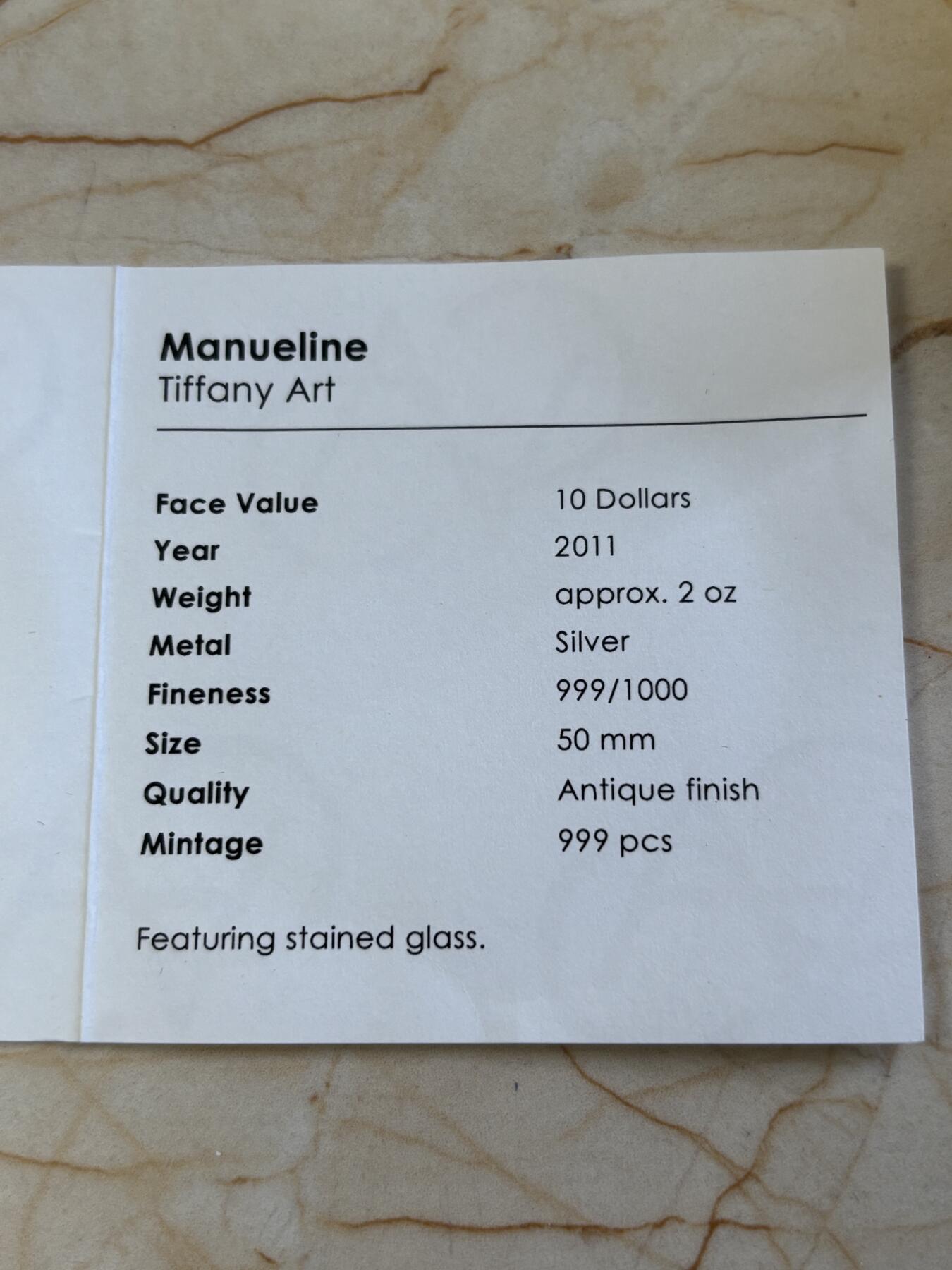第183期拍卖 帕劳2011年蒂凡尼镶玻璃曼努埃尔式建筑2盎司银币，999银，发行999枚