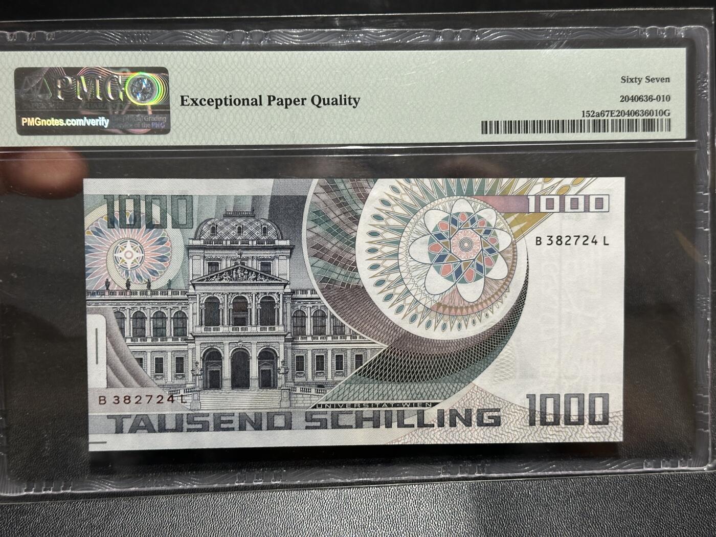 《外钞收藏家》第五百八十八期（优质场）（本平台长期征集拍品、欢迎藏友们联系合作） 奥地利1983年1000先令PMG67（经典物理学家薛定谔）