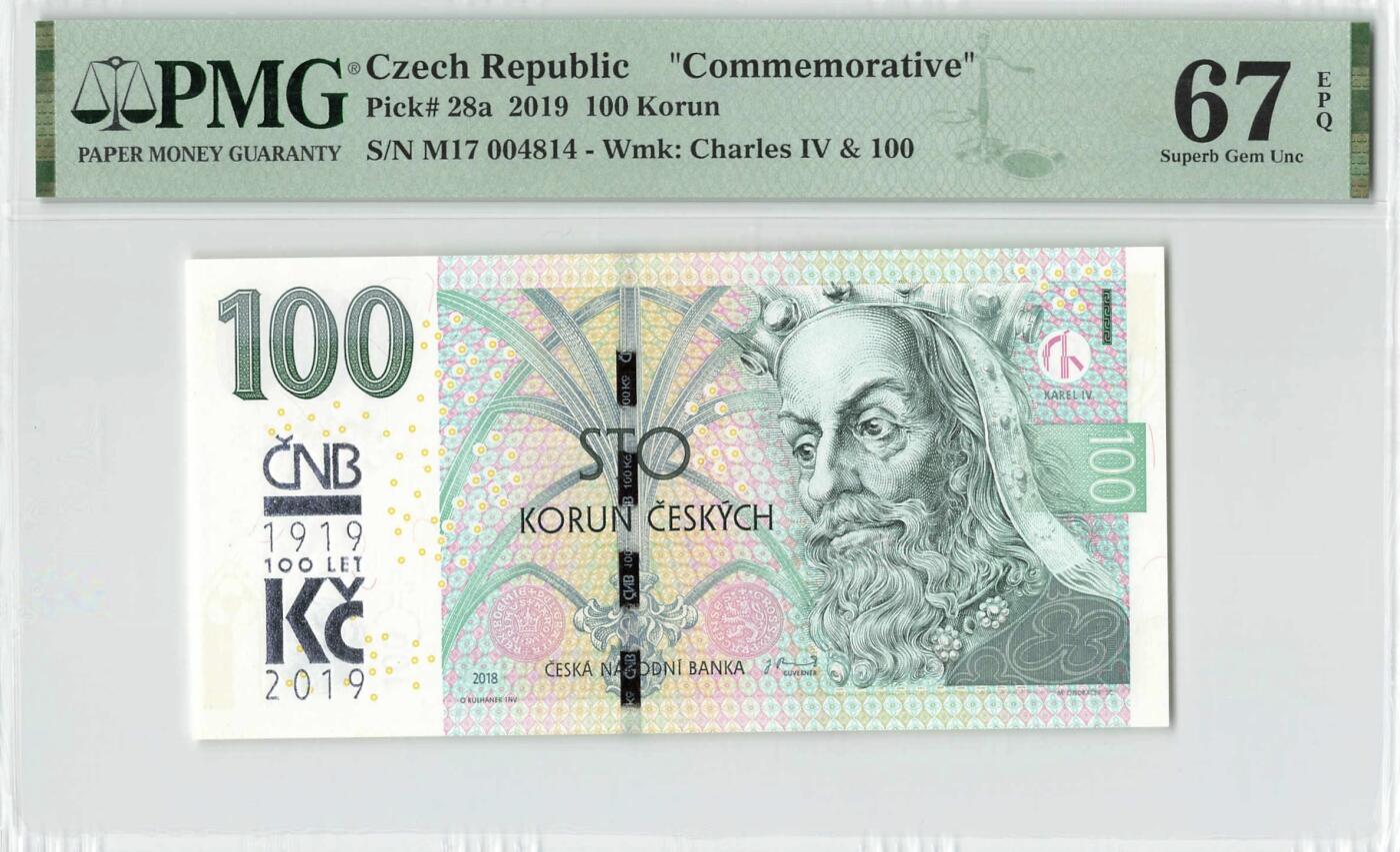 小福收藏拍卖第196期 评级币精选场 本期有68分倒置号布隆迪世界最大纸币 泰国69年10铢纪念钞0A冠百位倒置号  文莱06年500吉令特首年首冠 丹麦经典大松鼠 俄罗斯 玻利维亚 东加勒比 亚美尼亚等多国精美高分珍稀老钞精品纸币 捷克 2019年 100克朗 纪念钞 千位号 PMG67 EPQ 亚军分