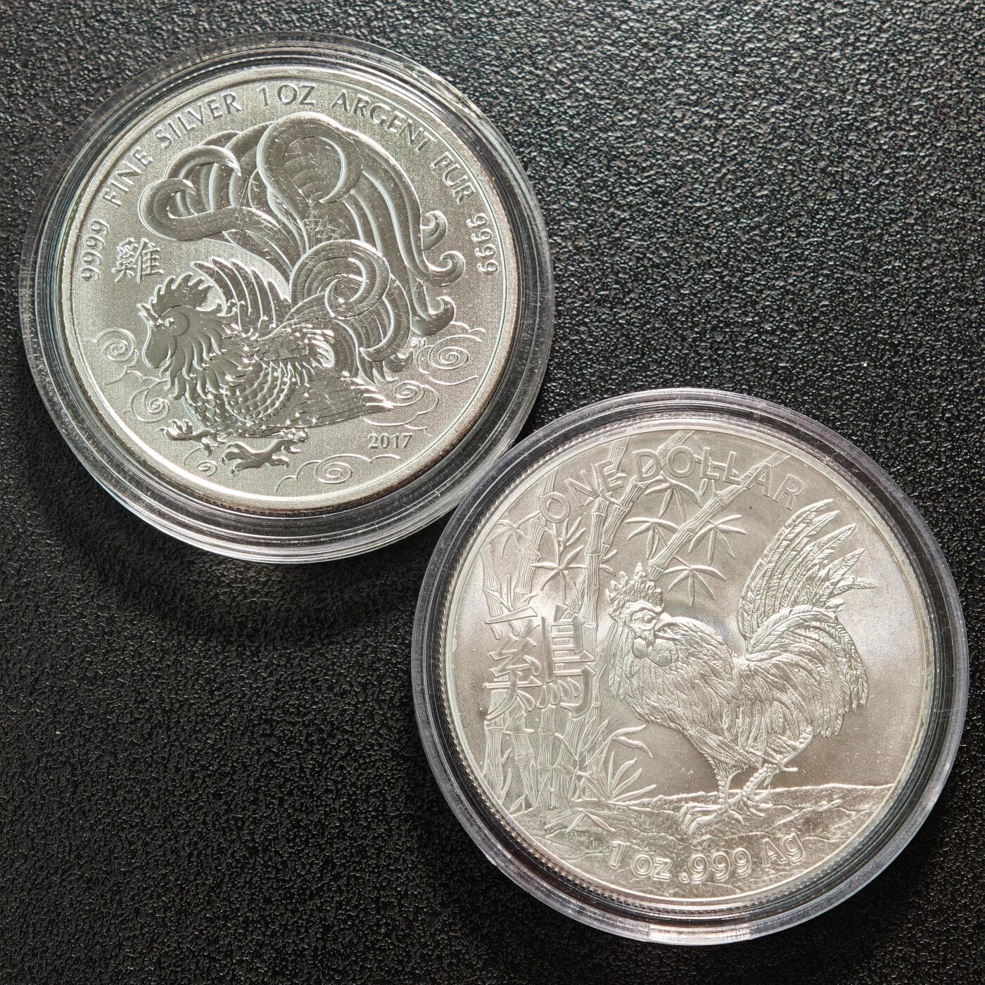 【德藏】世界币章拍卖第155期（拍品征集中~欢迎藏友联系） 2枚一组 2017年 加拿大生肖鸡年5元纪念银币 9999银 直径约：38mm/枚；重1盎司/枚 及 2017年 澳大利亚生肖鸡年1元纪念银币 999银 直径约：40mm/枚；重1盎司 /枚