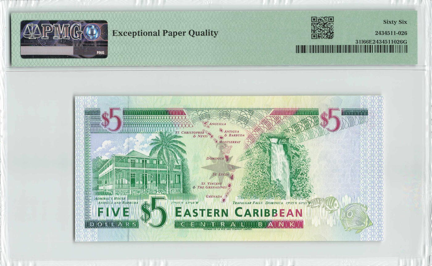 小福收藏拍卖第196期 评级币精选场 本期有68分倒置号布隆迪世界最大纸币 泰国69年10铢纪念钞0A冠百位倒置号  文莱06年500吉令特首年首冠 丹麦经典大松鼠 俄罗斯 玻利维亚 东加勒比 亚美尼亚等多国精美高分珍稀老钞精品纸币 东加勒比（L) 圣卢西亚 1994年 5元 国别很少见 PMG66 EPQ 亚军分