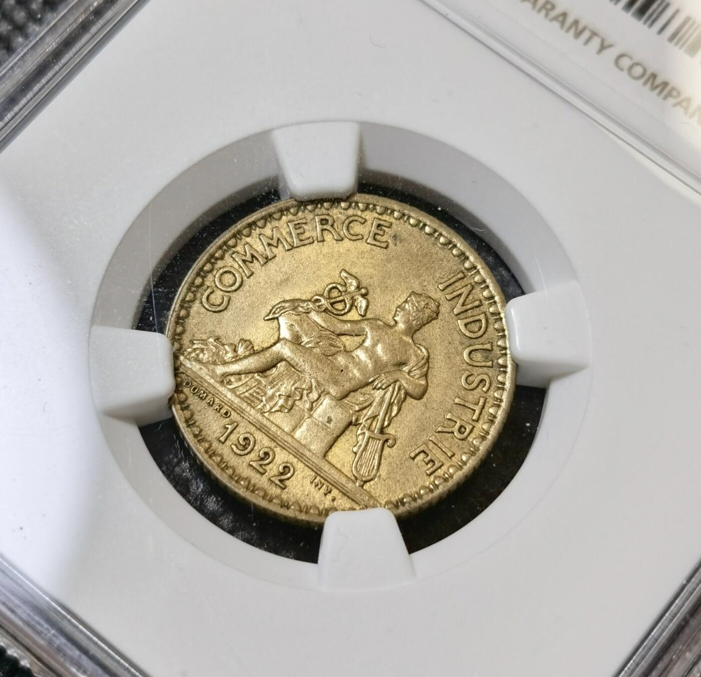 甄臻铺-世界币章拍卖（第40期）送拍享返佣金等优惠多多 NGC-MS63 法国1922商务部墨丘利法郎铜币，经典墨丘利，品相不错