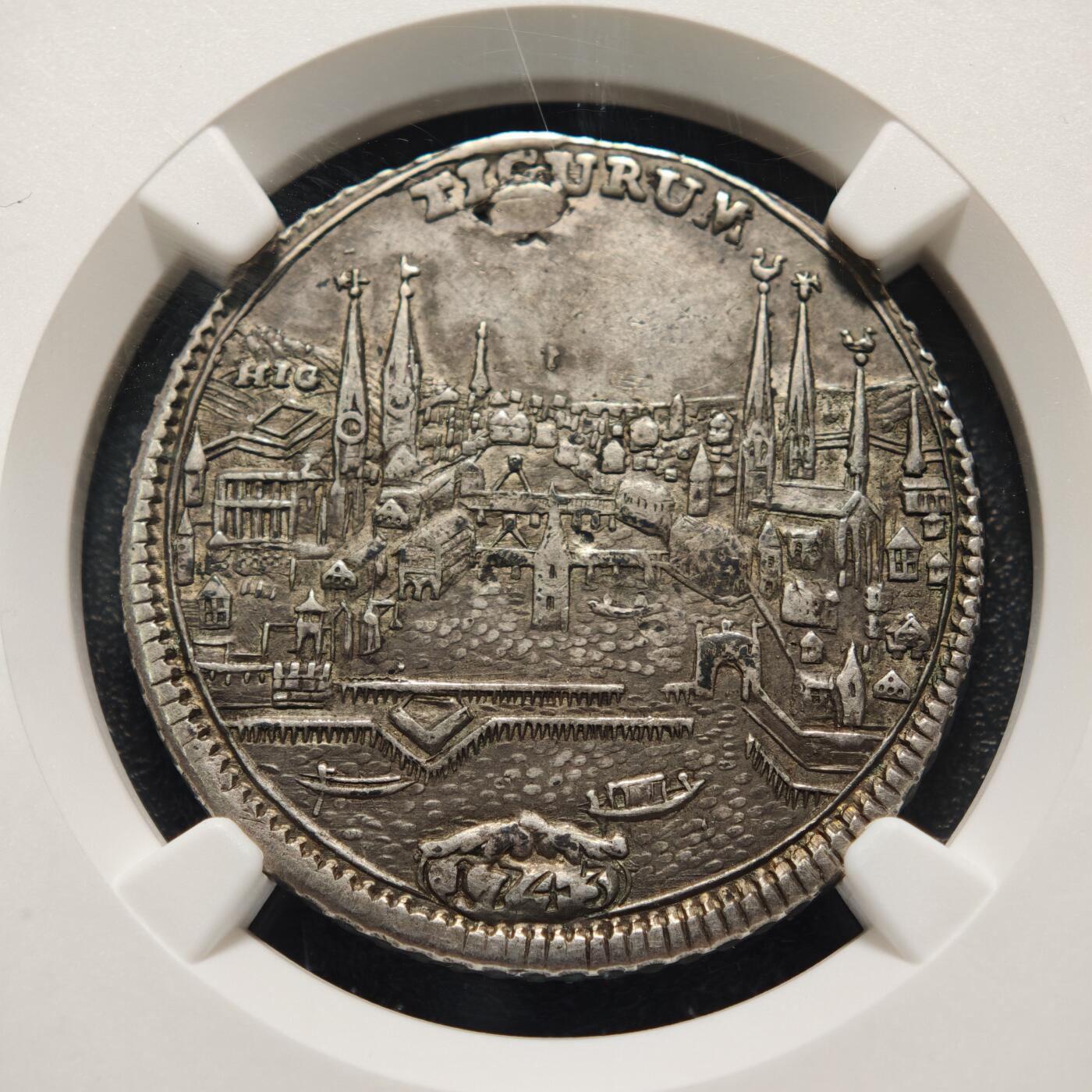 【德藏】世界币章拍卖第155期（拍品征集中~欢迎藏友联系） 1743年 瑞士苏黎世城市景观1/2泰勒银币 NGC AU 稀少品种 原味包浆