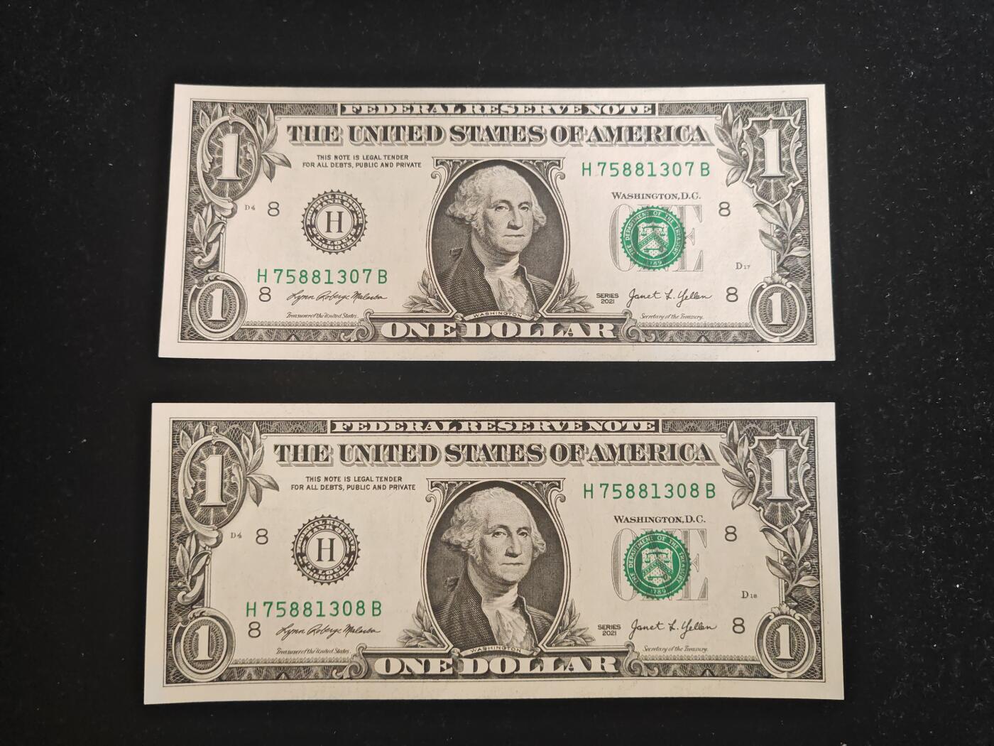 美国纸币 1美元 2021年 H区 全新UNC 单价