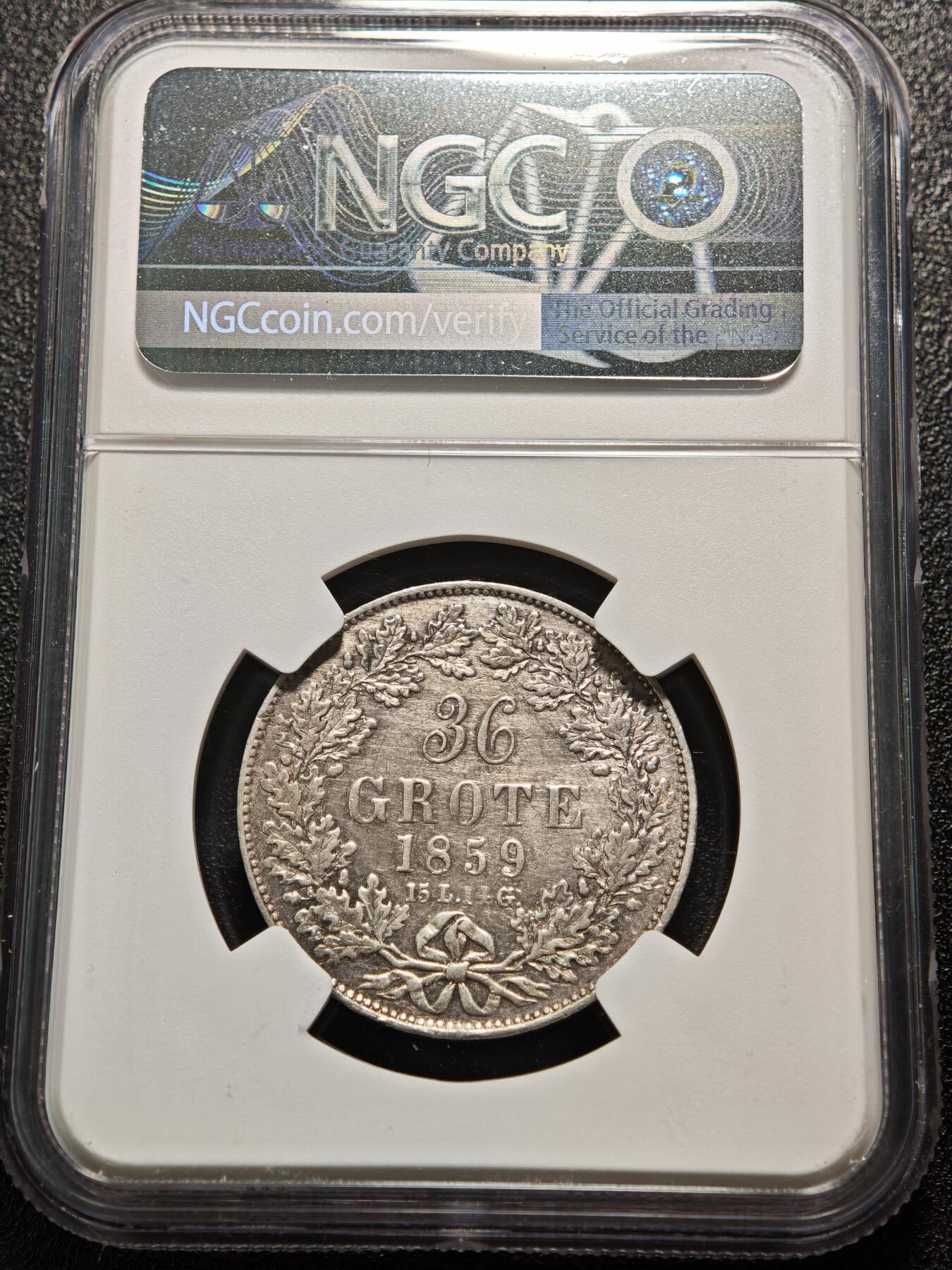【德藏】世界币章拍卖第155期（拍品征集中~欢迎藏友联系） 1859年  德国不莱梅36GROTE银币 NGC AU 稀少品种